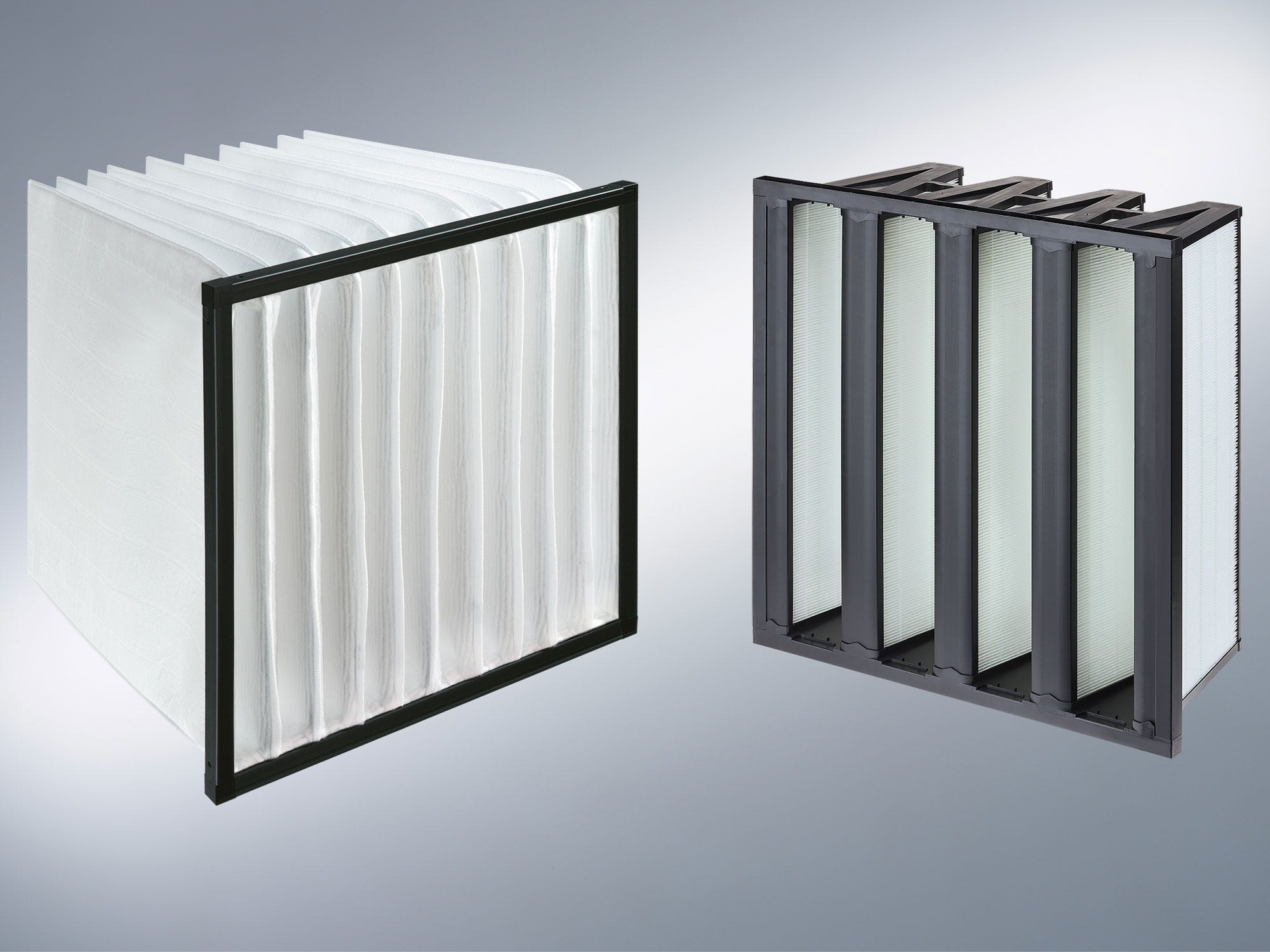 Zwei führende Luftfilter für RLT-Anlagen bei Energieeffizienz, der Aircube Eco S 4V, und der Airpocket Eco Plus