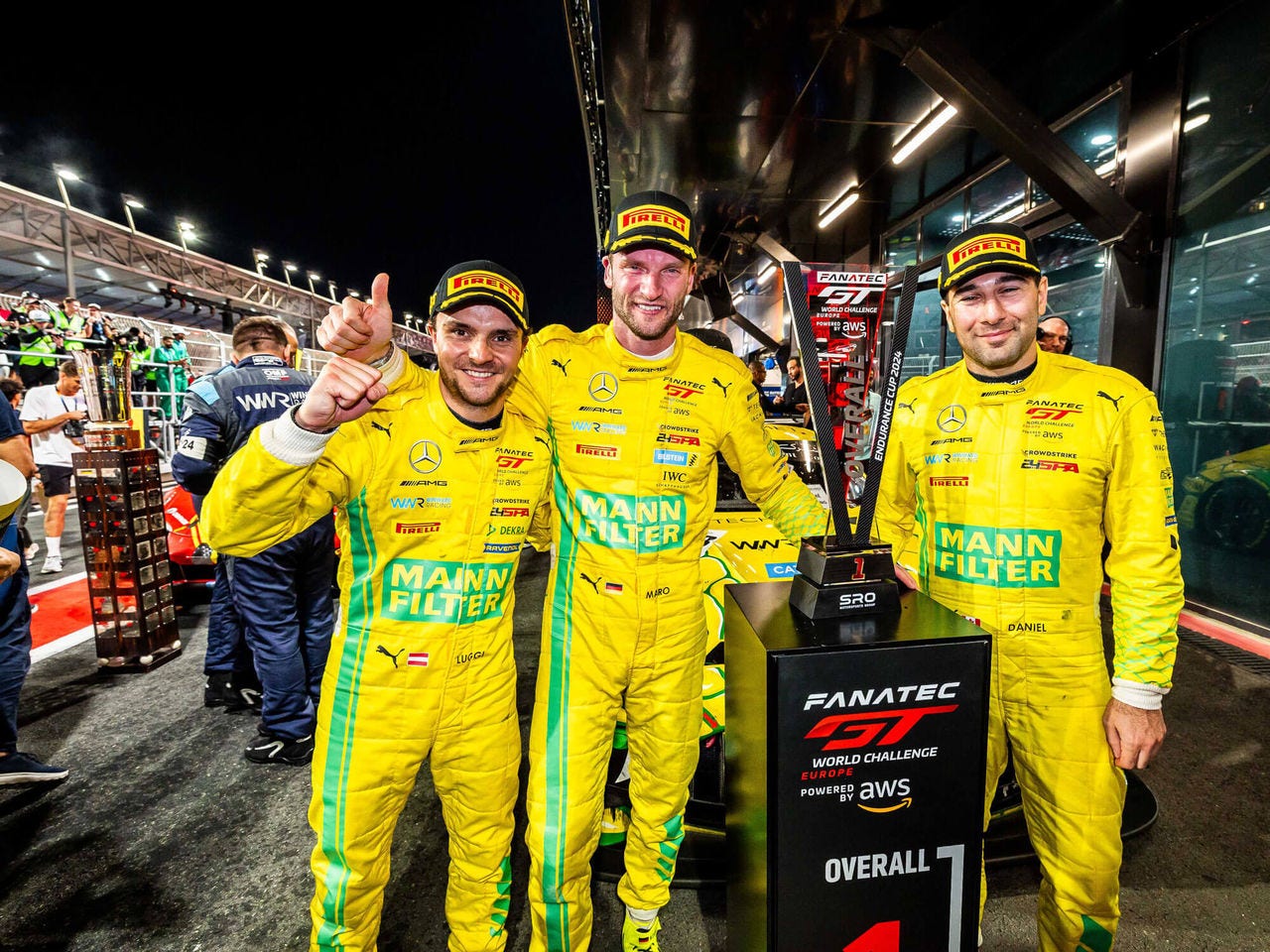 Championship title of the GT World Challenge Europe for Lucas Auer, Maro Engel and Daniel Morad (from left)