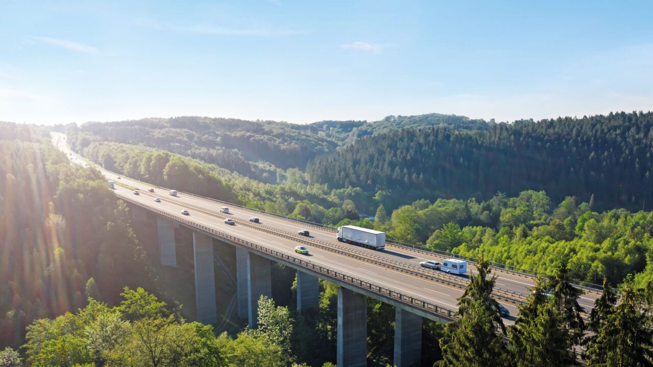 A bridge over a wooded area with cars driving on it.