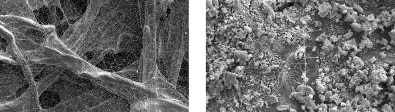 Nanofaserfiltermedium vor- und nach der Beladung mit Staubpartikel unter Realbedingungen (Praxistest). nanofiber-filter-medium.jpg